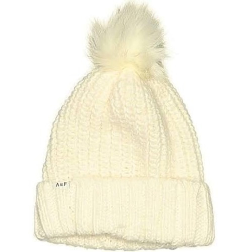 Abercrombie & Fitch Kids Cream Ribbed Knit Beanie with Faux Fur Pom Pom A&F